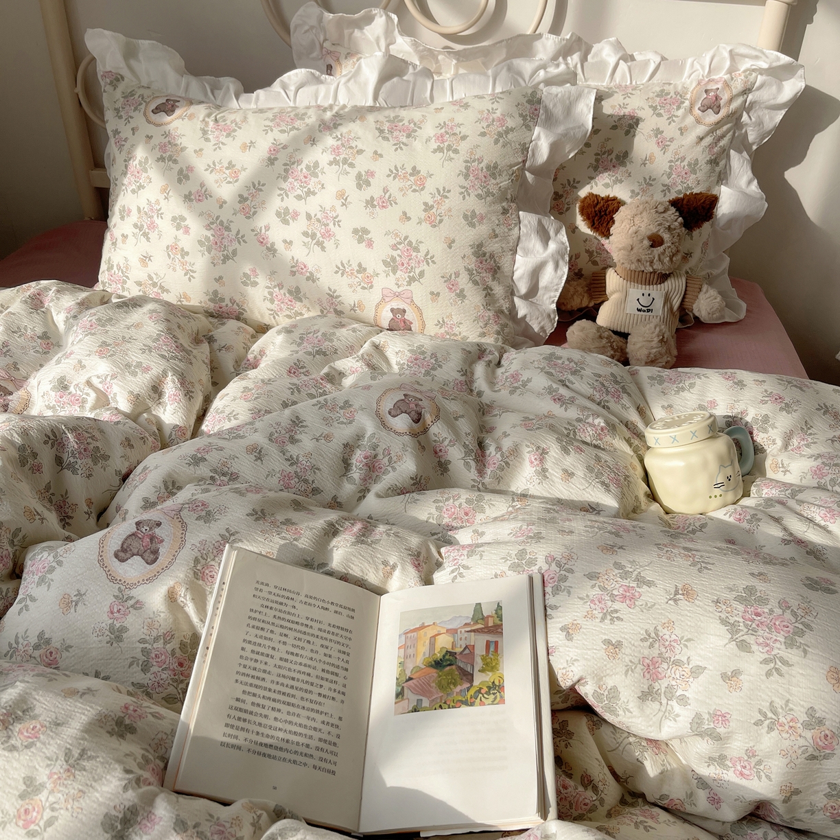 91家纺网 家纺一手货源 找家纺 美乐迪家纺 2026新款云感双层纱花边四件套 花园小熊