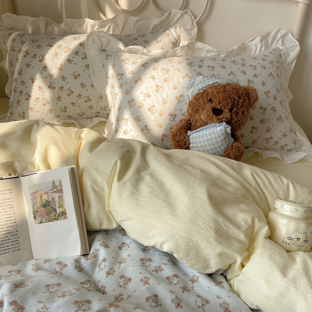 91家纺网 家纺一手货源 找家纺 美乐迪家纺 2026新款云感双层纱花边四件套 蓝色小花