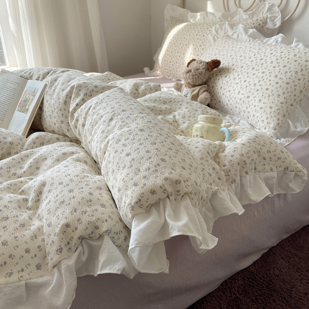 美乐迪家纺 2026新款云感双层纱花边四件套 迷你紫朵