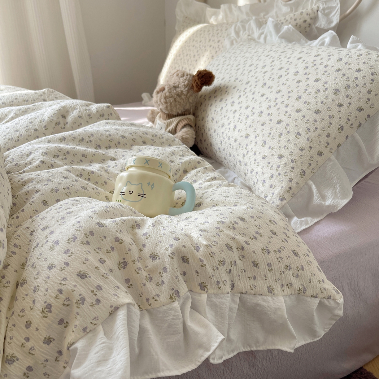 91家纺网 家纺一手货源 找家纺 美乐迪家纺 2026新款云感双层纱花边四件套 迷你紫朵