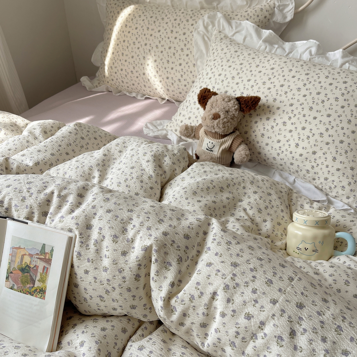 91家纺网 家纺一手货源 找家纺 美乐迪家纺 2026新款云感双层纱花边四件套 迷你紫朵