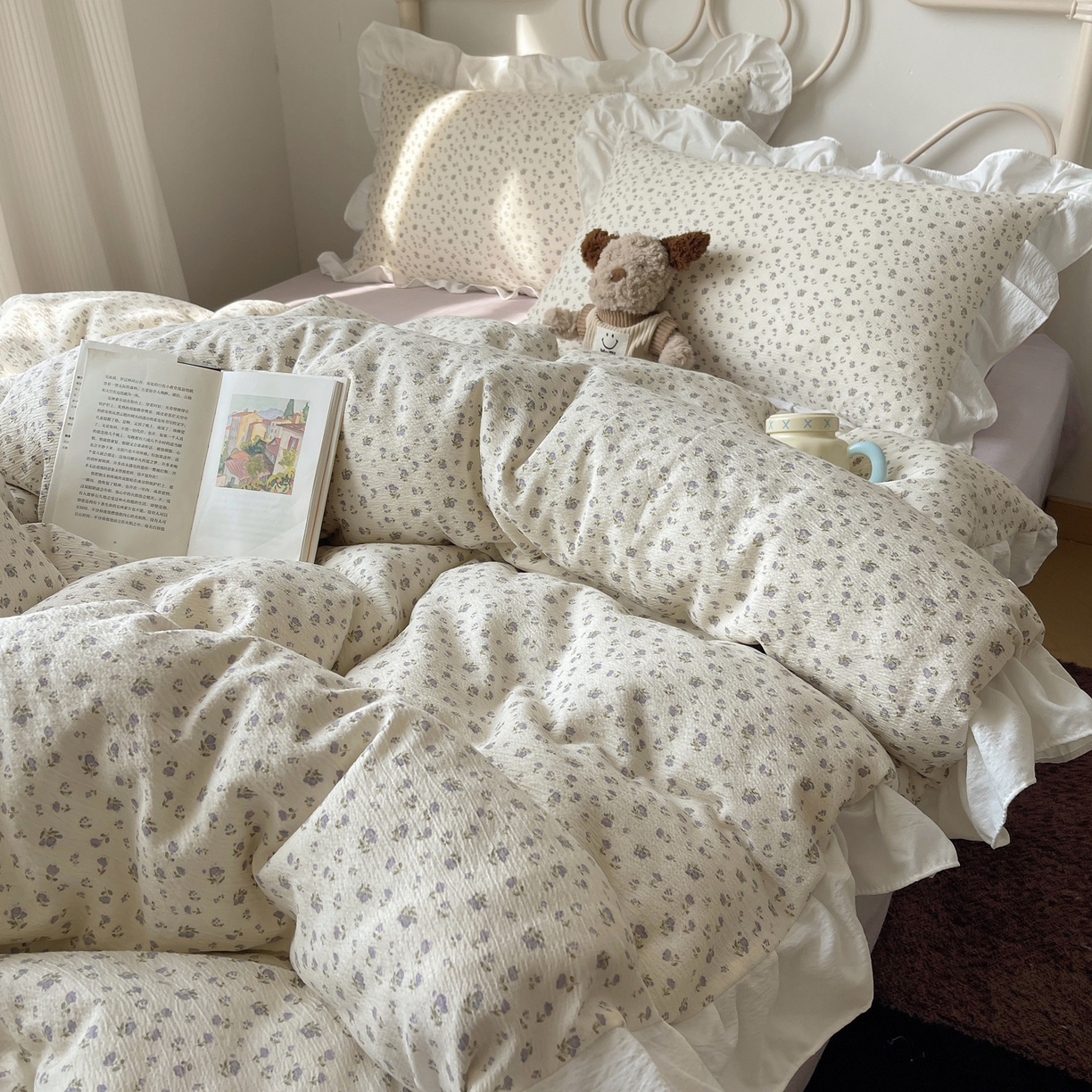 91家纺网 家纺一手货源 找家纺 美乐迪家纺 2026新款云感双层纱花边四件套 迷你紫朵