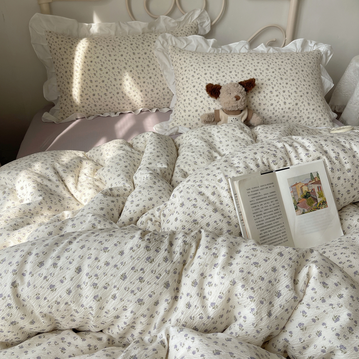 91家纺网 家纺一手货源 找家纺 美乐迪家纺 2026新款云感双层纱花边四件套 迷你紫朵