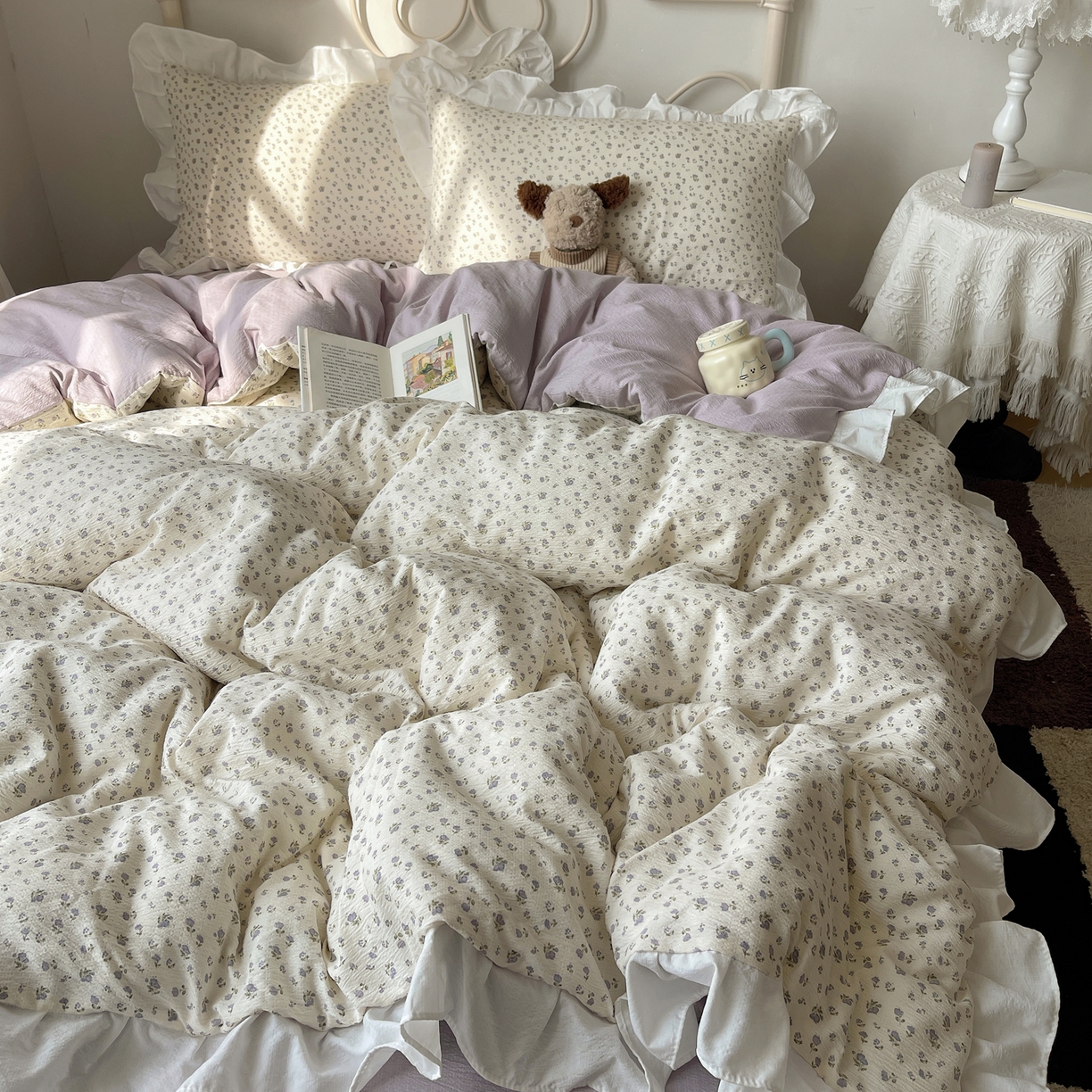 91家纺网 家纺一手货源 找家纺 美乐迪家纺 2026新款云感双层纱花边四件套 迷你紫朵