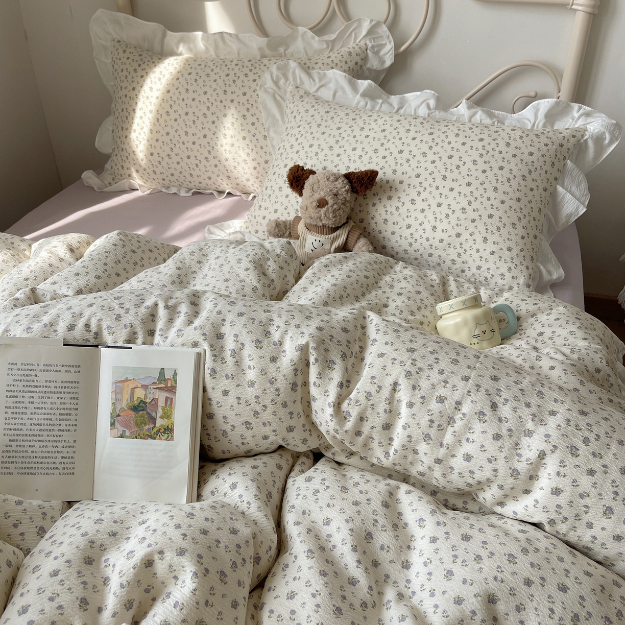 91家纺网 家纺一手货源 找家纺 美乐迪家纺 2026新款云感双层纱花边四件套 迷你紫朵