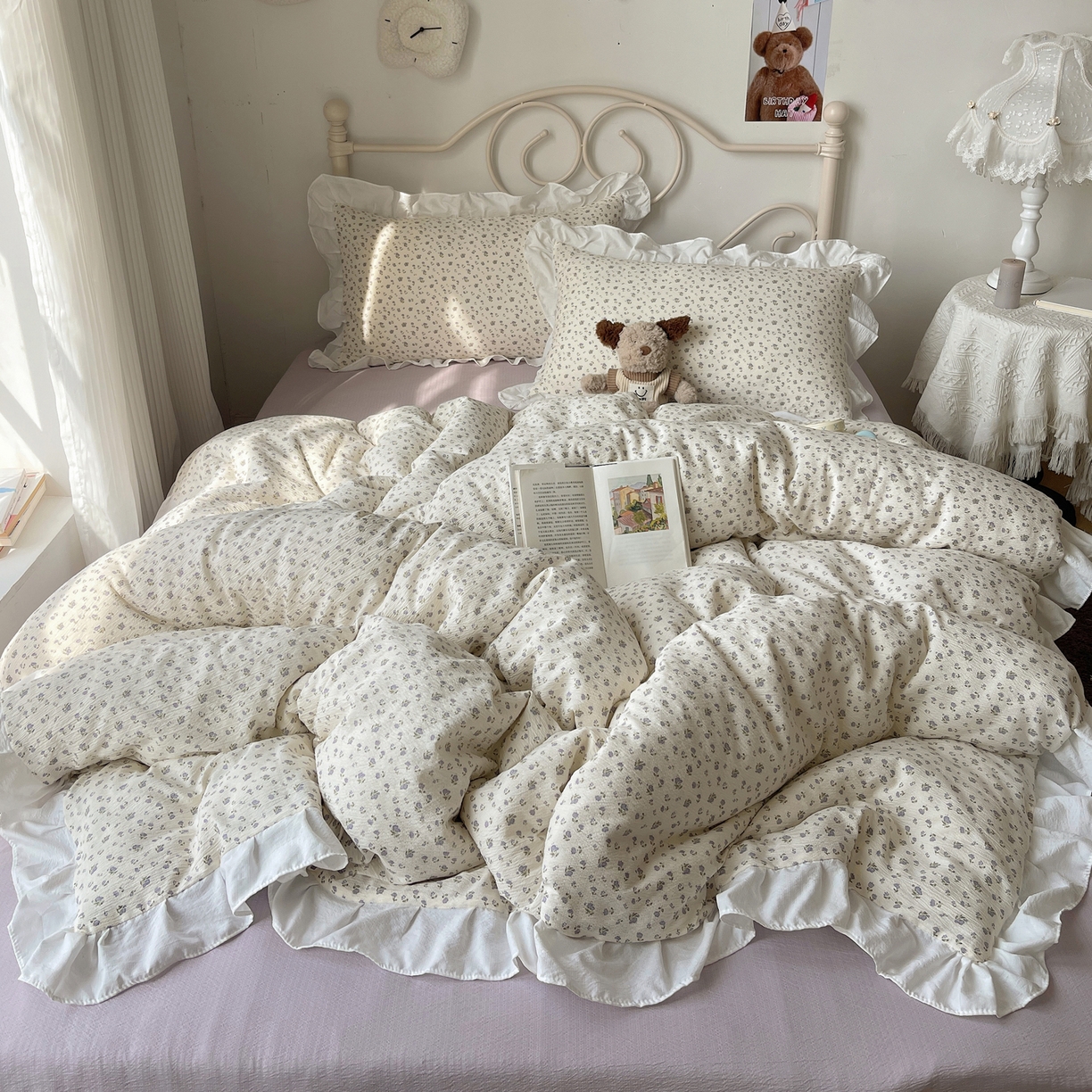 91家纺网 家纺一手货源 找家纺 美乐迪家纺 2026新款云感双层纱花边四件套 迷你紫朵