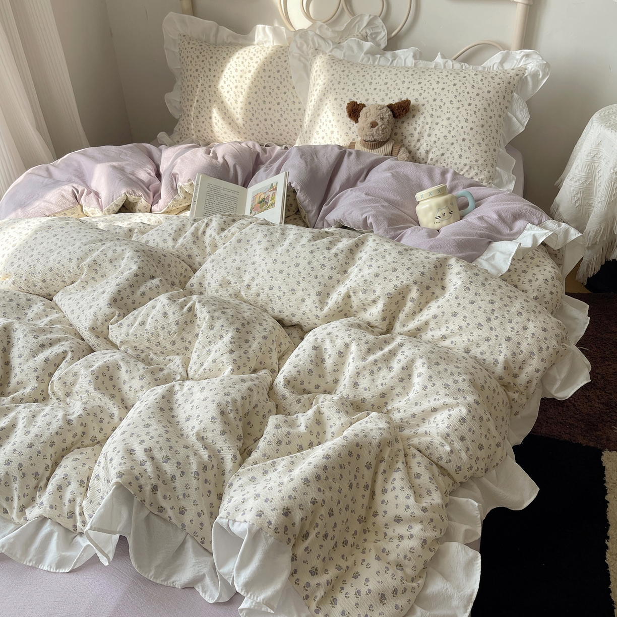 91家纺网 家纺一手货源 找家纺 美乐迪家纺 2026新款云感双层纱花边四件套 迷你紫朵