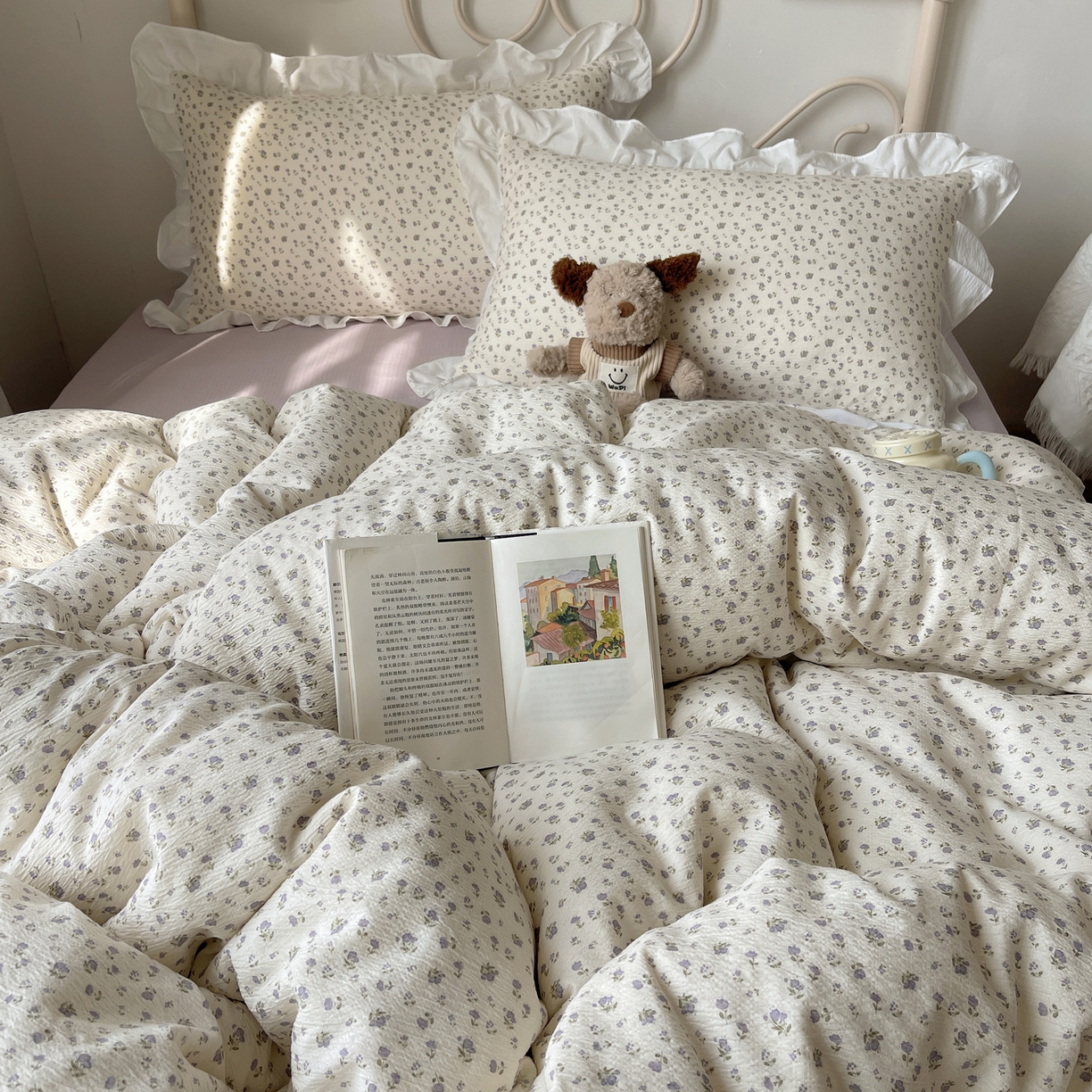 91家纺网 家纺一手货源 找家纺 美乐迪家纺 2026新款云感双层纱花边四件套 迷你紫朵