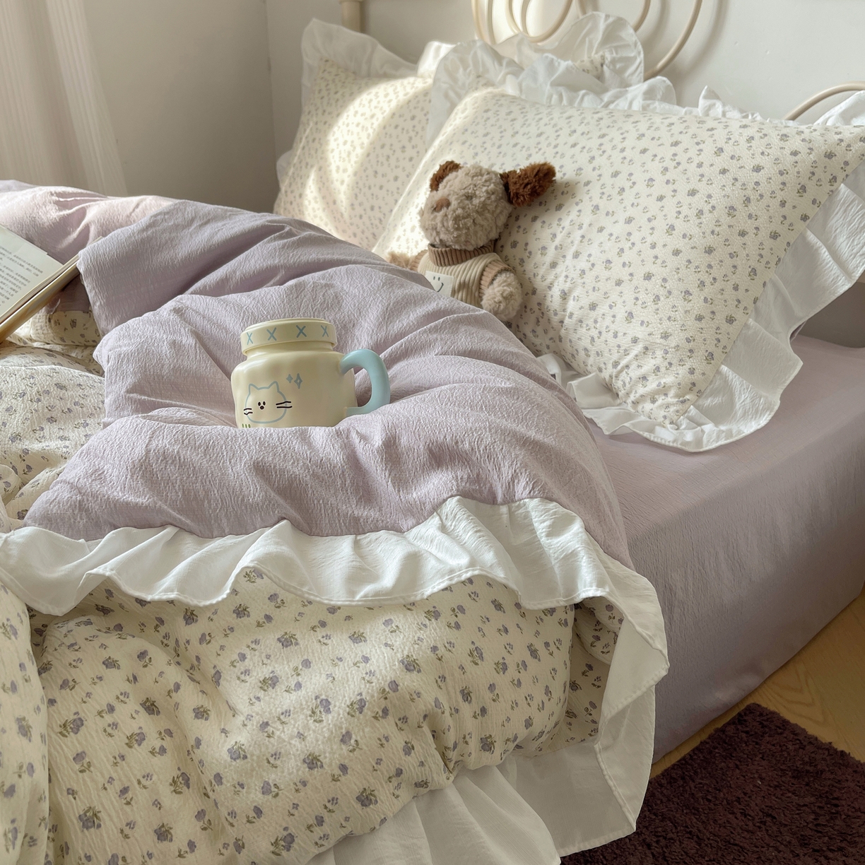 91家纺网 家纺一手货源 找家纺 美乐迪家纺 2026新款云感双层纱花边四件套 迷你紫朵