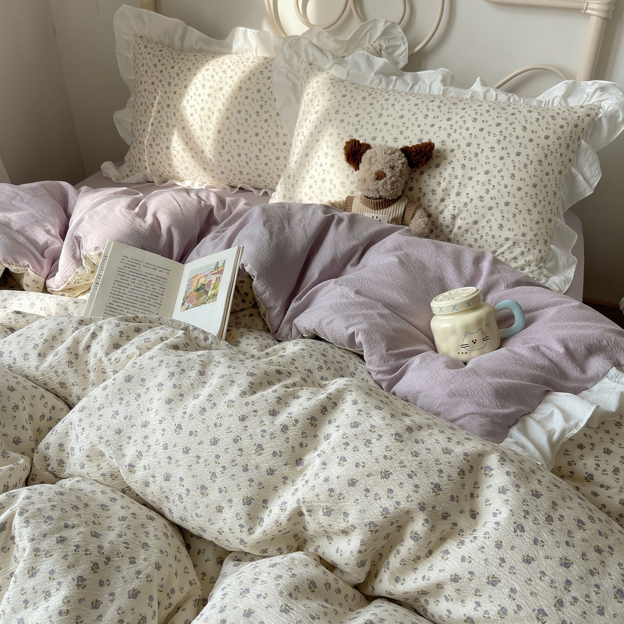 91家纺网 家纺一手货源 找家纺 美乐迪家纺 2026新款云感双层纱花边四件套 迷你紫朵