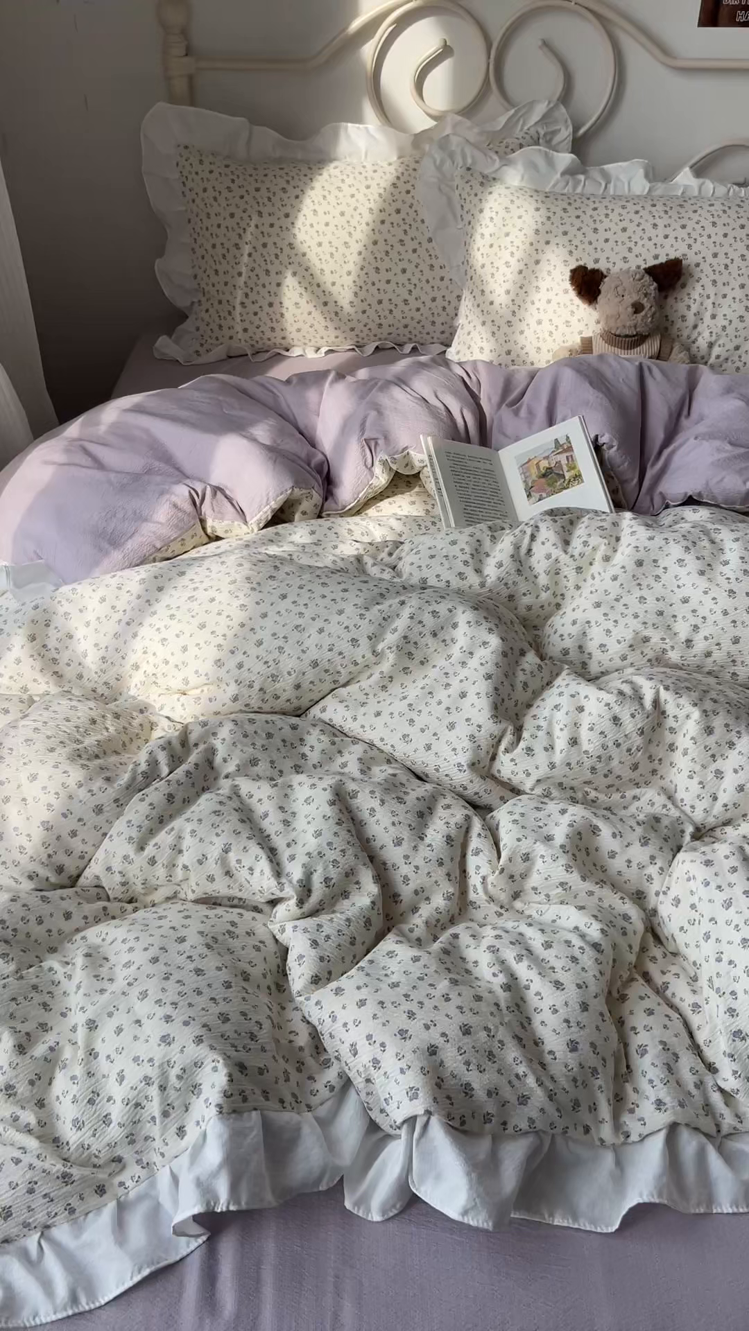 91家纺网 家纺一手货源 找家纺 美乐迪家纺 2026新款云感双层纱花边四件套 迷你紫朵