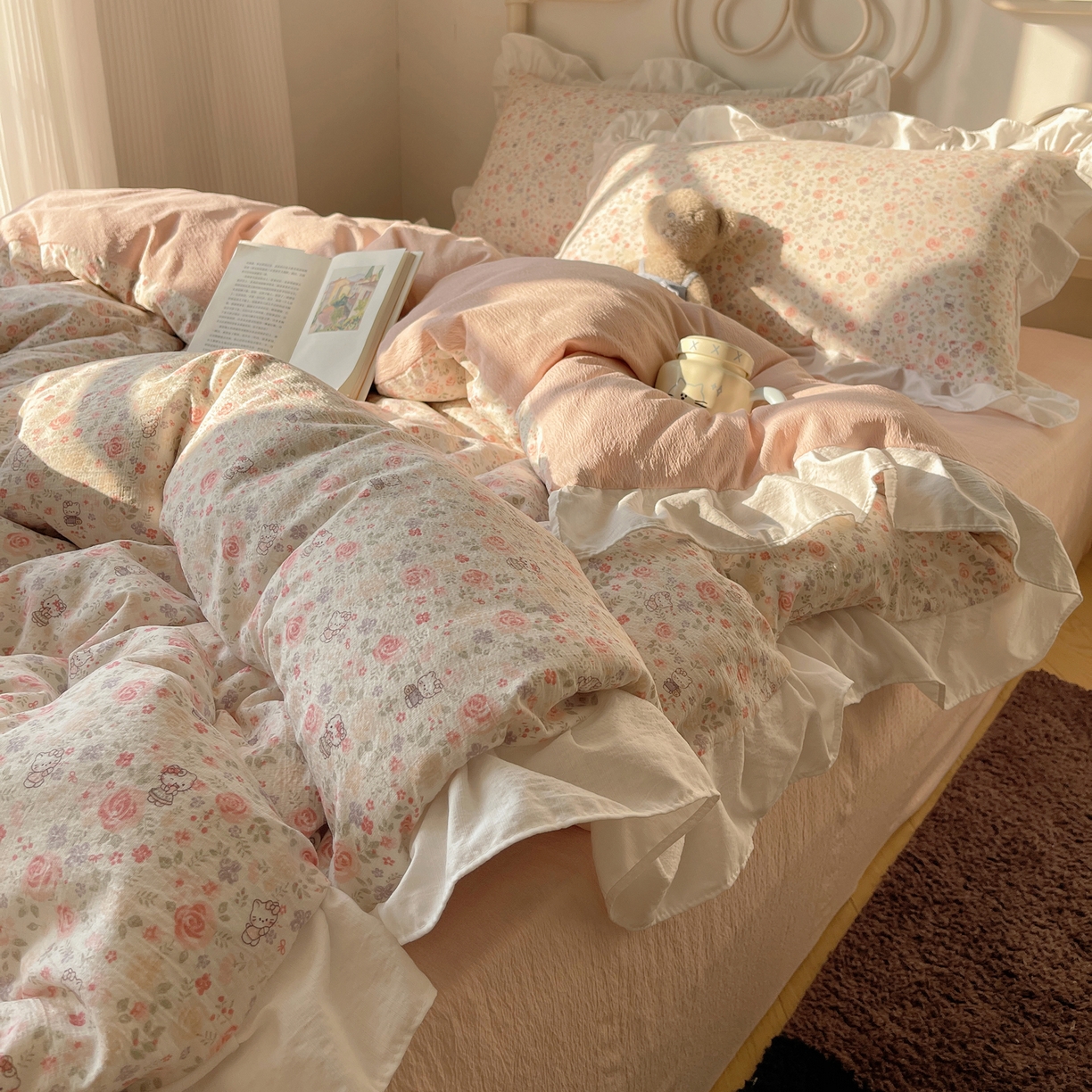 美乐迪家纺 2026新款云感双层纱花边四件套 甜心小猫