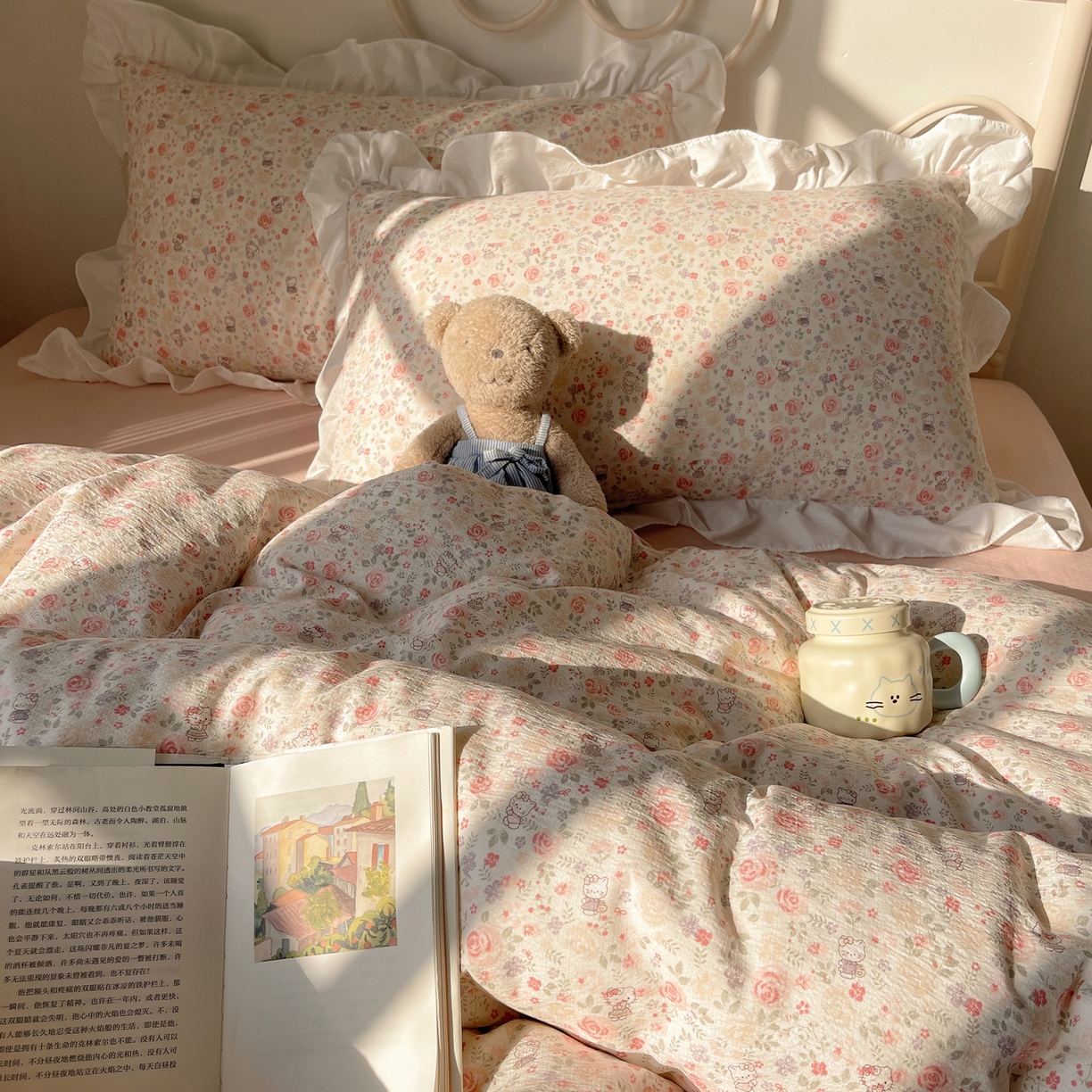 91家纺网 家纺一手货源 找家纺 美乐迪家纺 2026新款云感双层纱花边四件套 甜心小猫