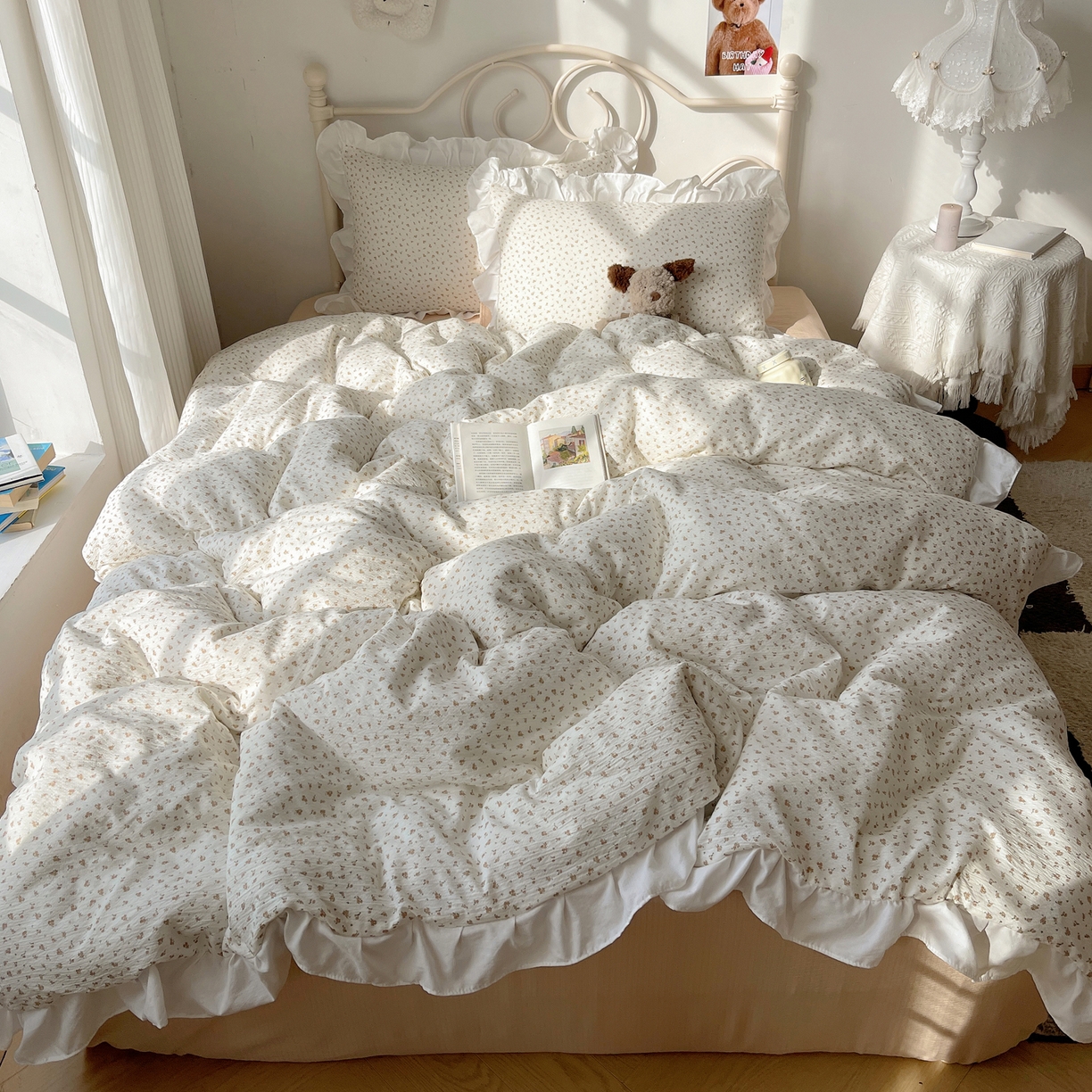 91家纺网 家纺一手货源 找家纺 美乐迪家纺 2026新款云感双层纱花边四件套 柚米