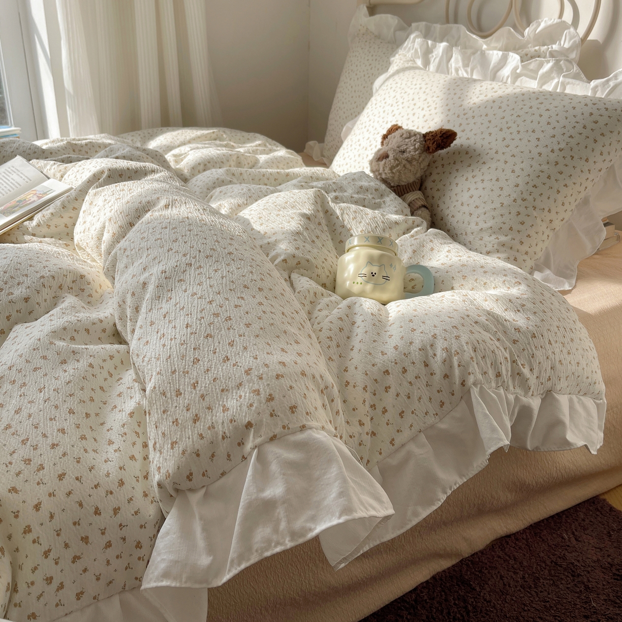 91家纺网 家纺一手货源 找家纺 美乐迪家纺 2026新款云感双层纱花边四件套 柚米