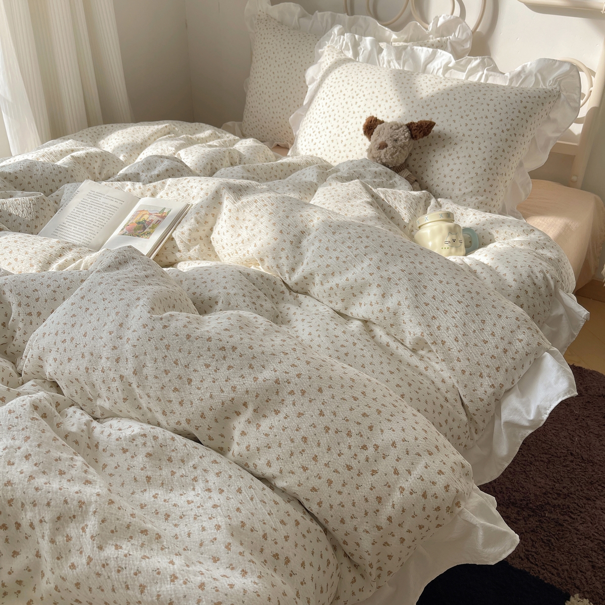 91家纺网 家纺一手货源 找家纺 美乐迪家纺 2026新款云感双层纱花边四件套 柚米