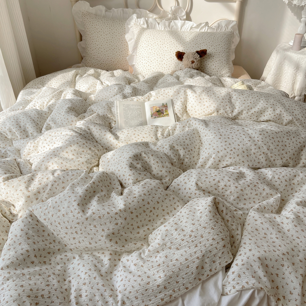 91家纺网 家纺一手货源 找家纺 美乐迪家纺 2026新款云感双层纱花边四件套 柚米