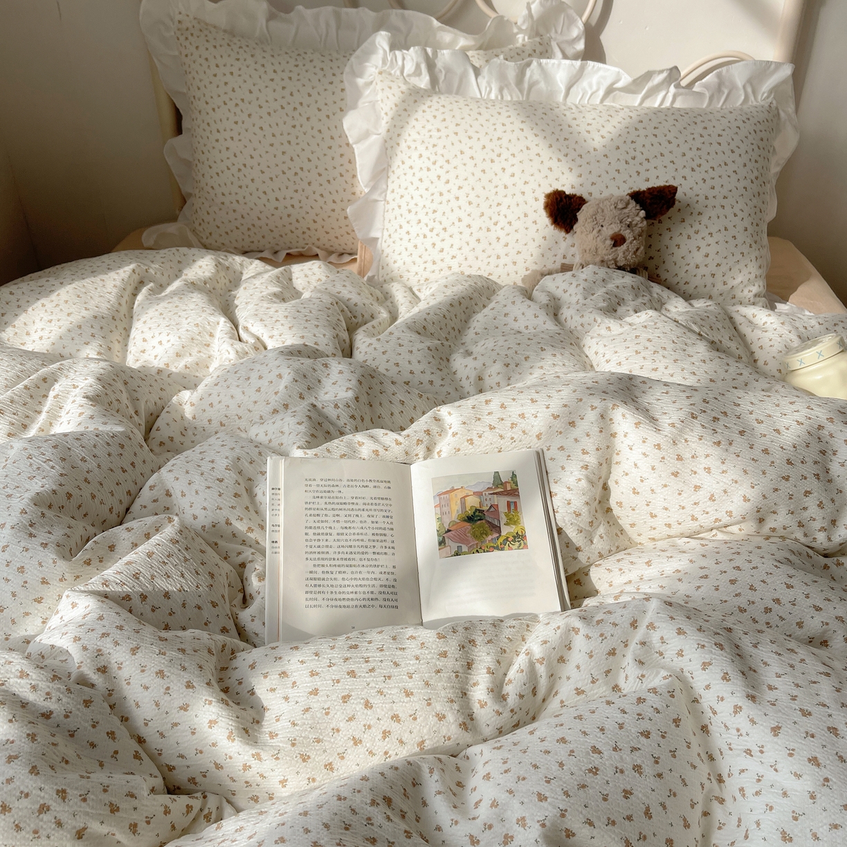 91家纺网 家纺一手货源 找家纺 美乐迪家纺 2026新款云感双层纱花边四件套 柚米