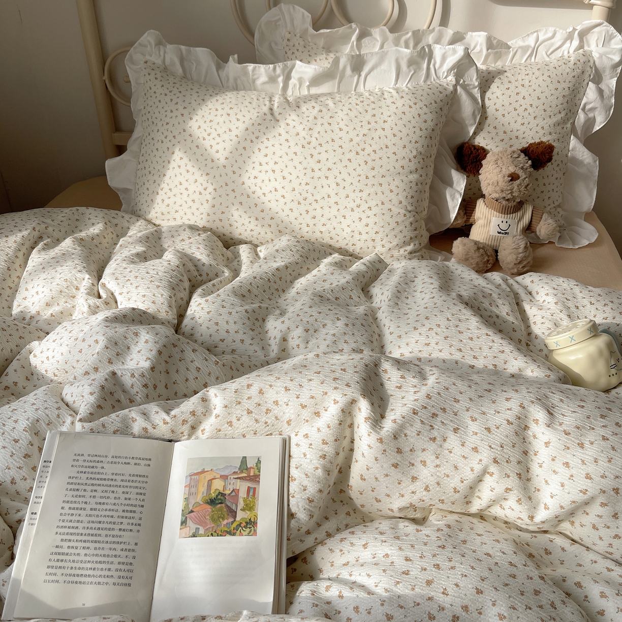 91家纺网 家纺一手货源 找家纺 美乐迪家纺 2026新款云感双层纱花边四件套 柚米