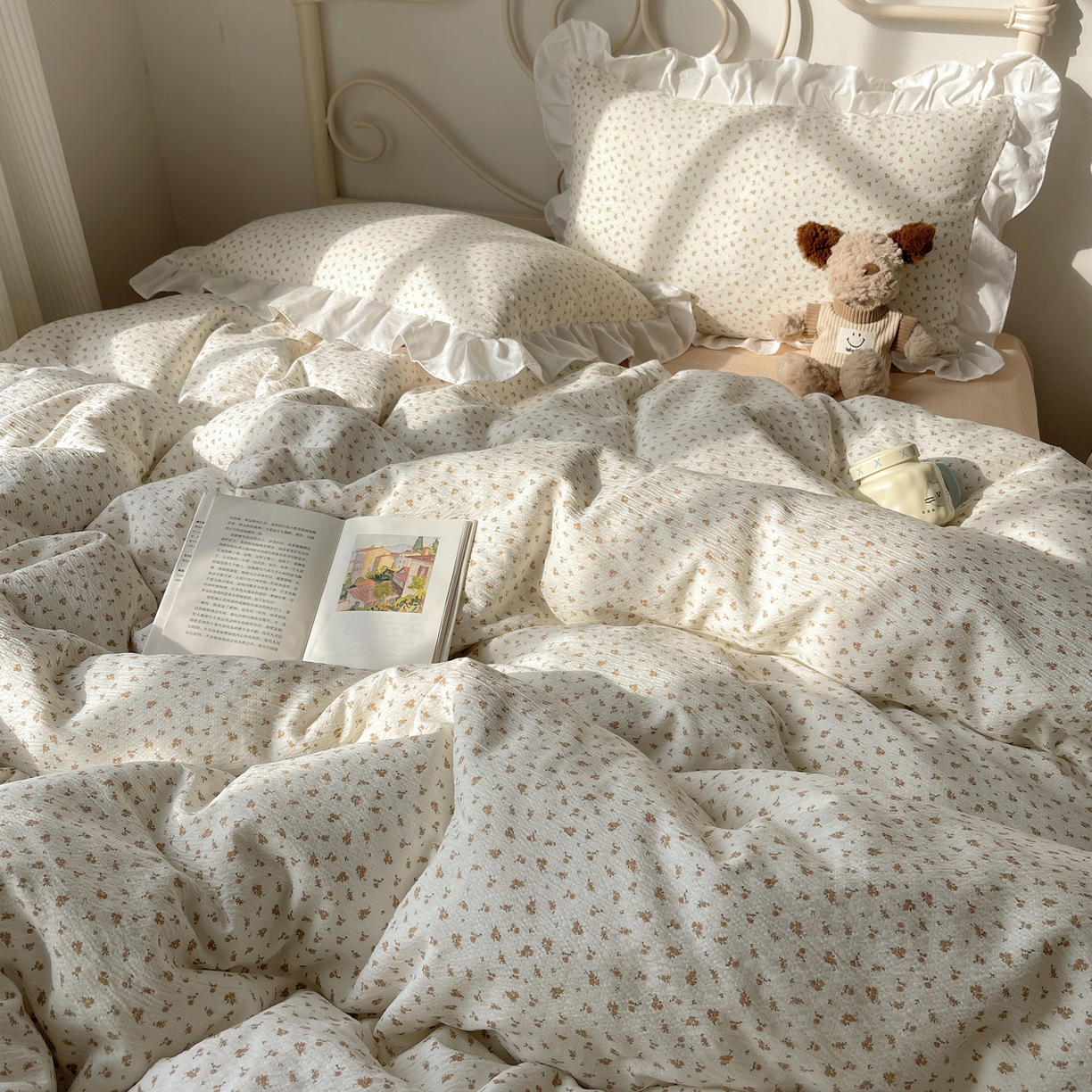 91家纺网 家纺一手货源 找家纺 美乐迪家纺 2026新款云感双层纱花边四件套 柚米