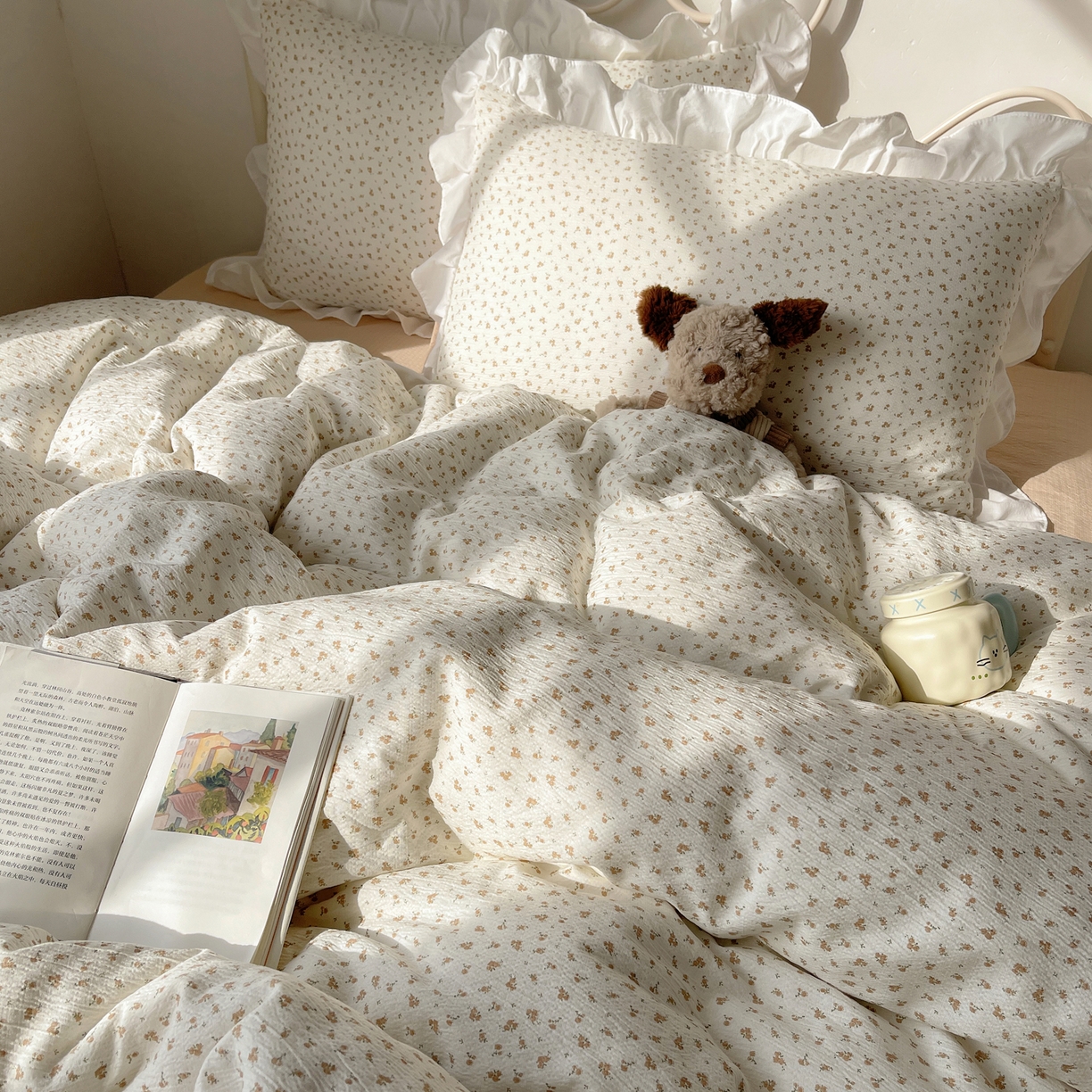 91家纺网 家纺一手货源 找家纺 美乐迪家纺 2026新款云感双层纱花边四件套 柚米