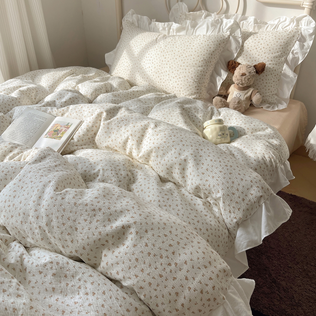 91家纺网 家纺一手货源 找家纺 美乐迪家纺 2026新款云感双层纱花边四件套 柚米