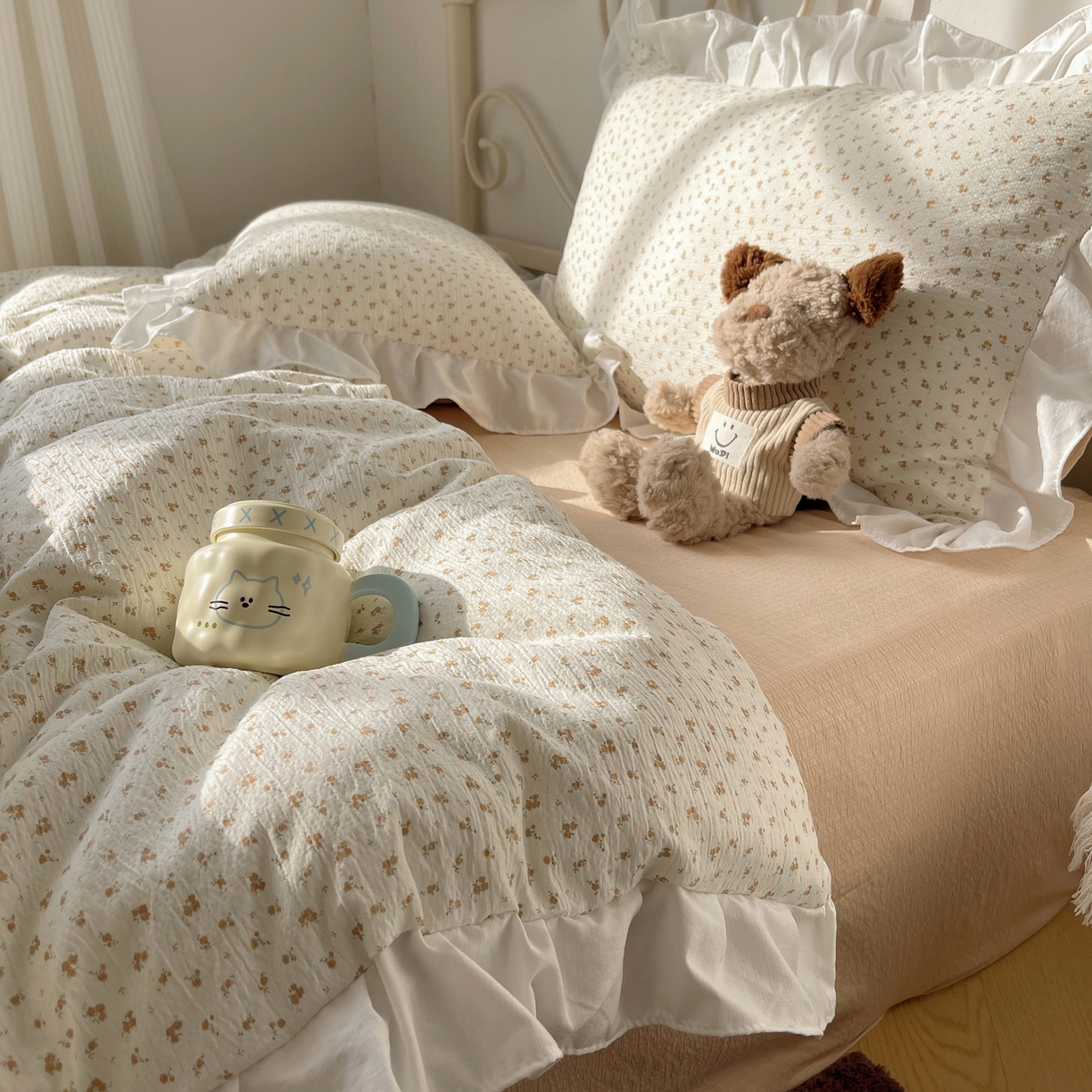 91家纺网 家纺一手货源 找家纺 美乐迪家纺 2026新款云感双层纱花边四件套 柚米