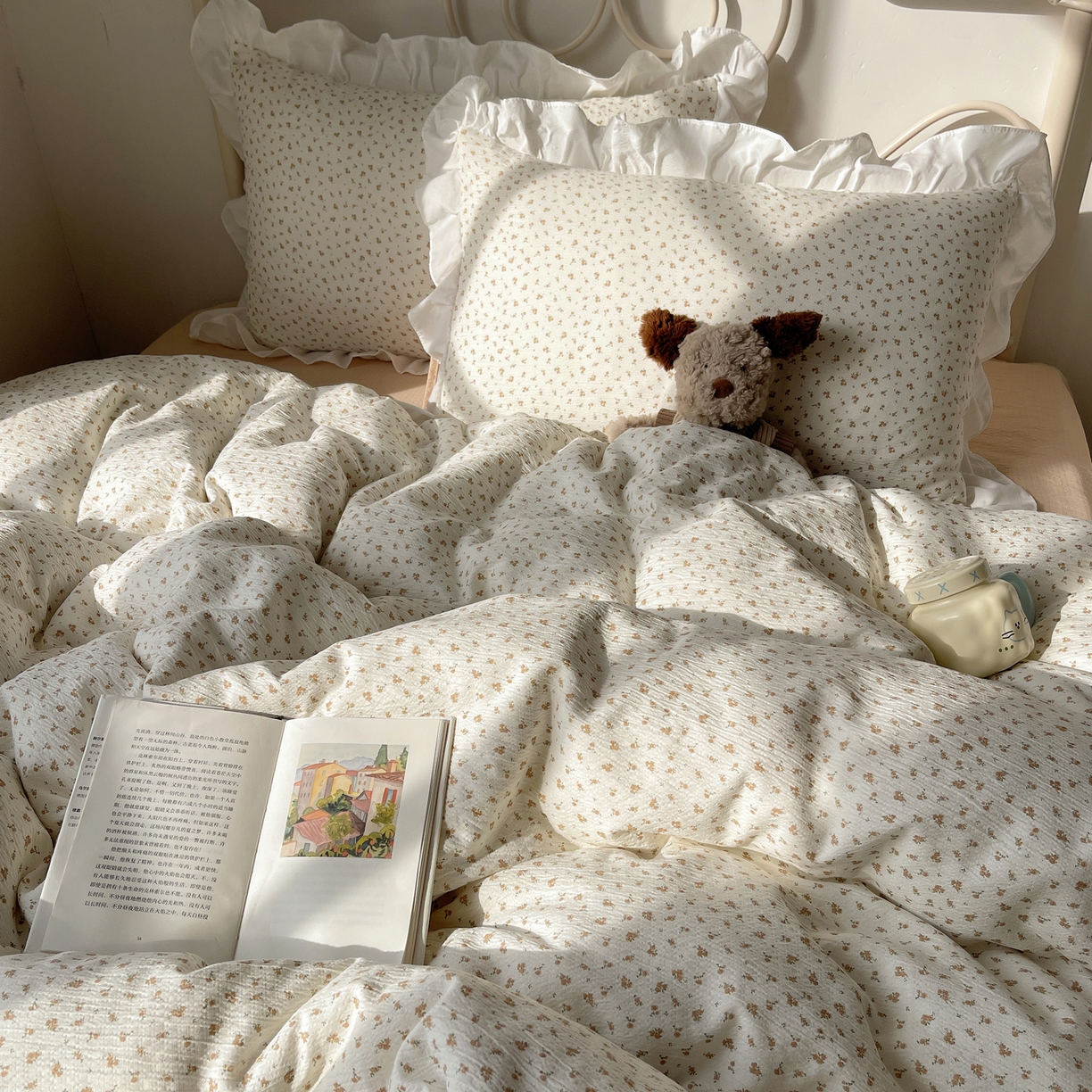 91家纺网 家纺一手货源 找家纺 美乐迪家纺 2026新款云感双层纱花边四件套 柚米