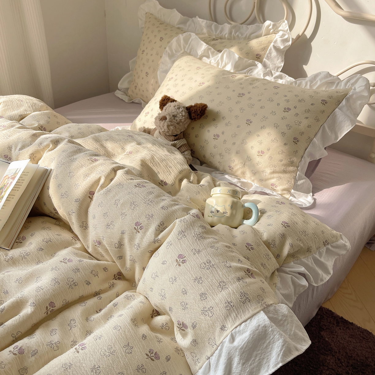 91家纺网 家纺一手货源 找家纺 美乐迪家纺 2026新款云感双层纱花边四件套 郁金香