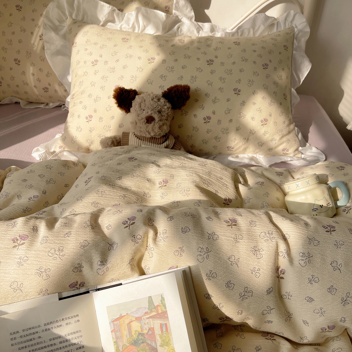 91家纺网 家纺一手货源 找家纺 美乐迪家纺 2026新款云感双层纱花边四件套 郁金香