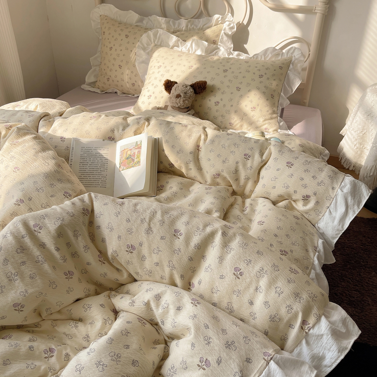 91家纺网 家纺一手货源 找家纺 美乐迪家纺 2026新款云感双层纱花边四件套 郁金香