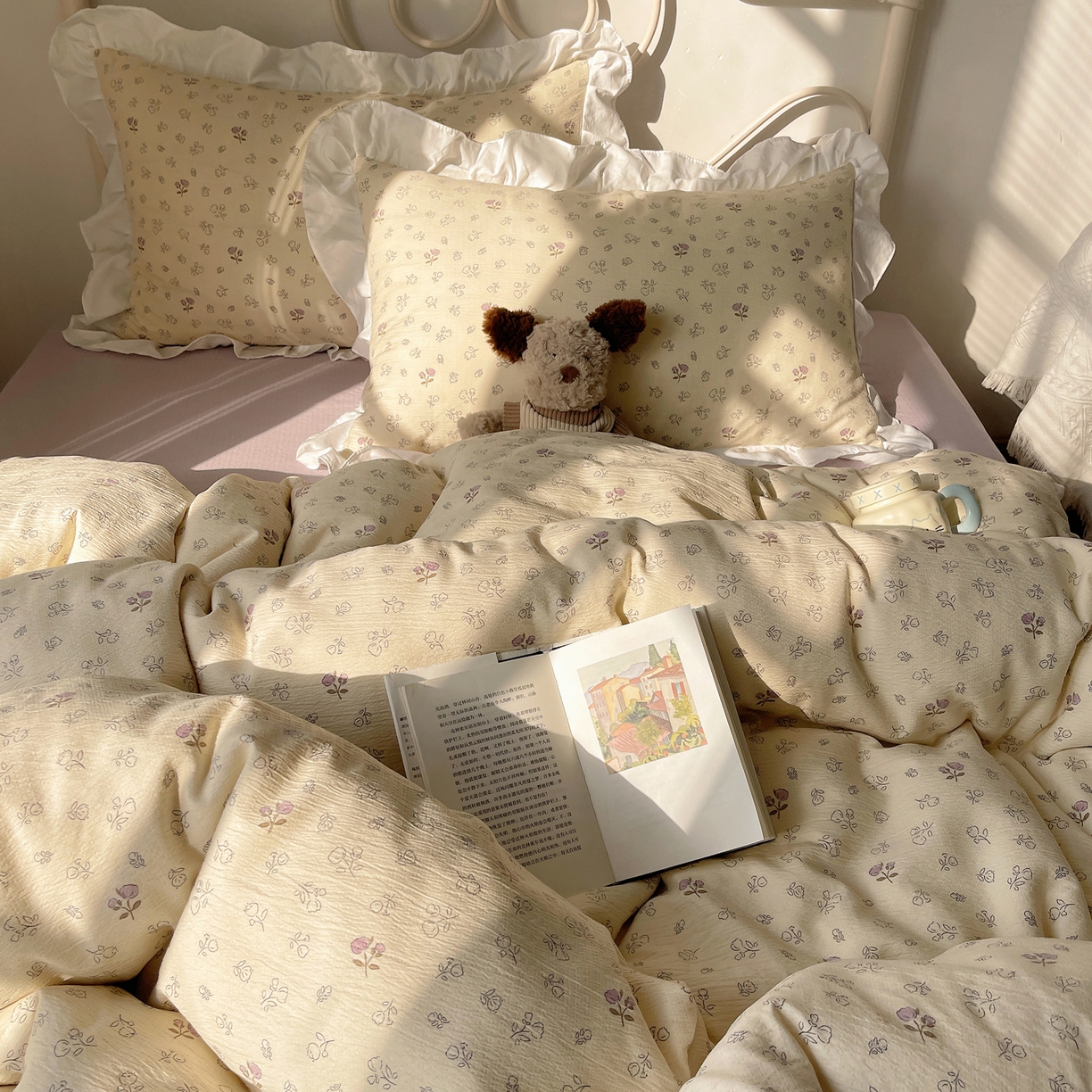 91家纺网 家纺一手货源 找家纺 美乐迪家纺 2026新款云感双层纱花边四件套 郁金香