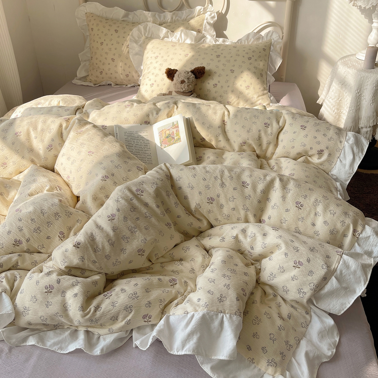 91家纺网 家纺一手货源 找家纺 美乐迪家纺 2026新款云感双层纱花边四件套 郁金香