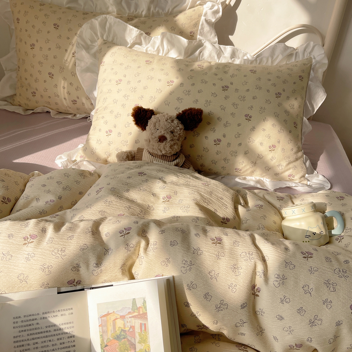 91家纺网 家纺一手货源 找家纺 美乐迪家纺 2026新款云感双层纱花边四件套 郁金香