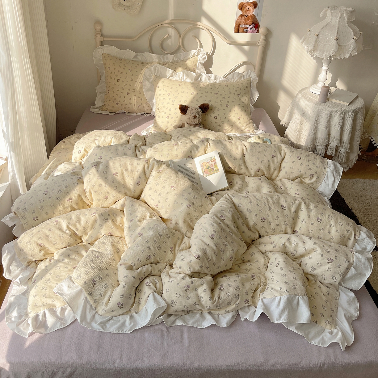 91家纺网 家纺一手货源 找家纺 美乐迪家纺 2026新款云感双层纱花边四件套 郁金香