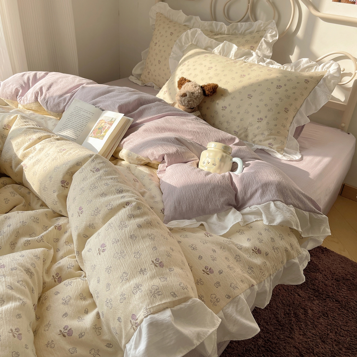 91家纺网 家纺一手货源 找家纺 美乐迪家纺 2026新款云感双层纱花边四件套 郁金香