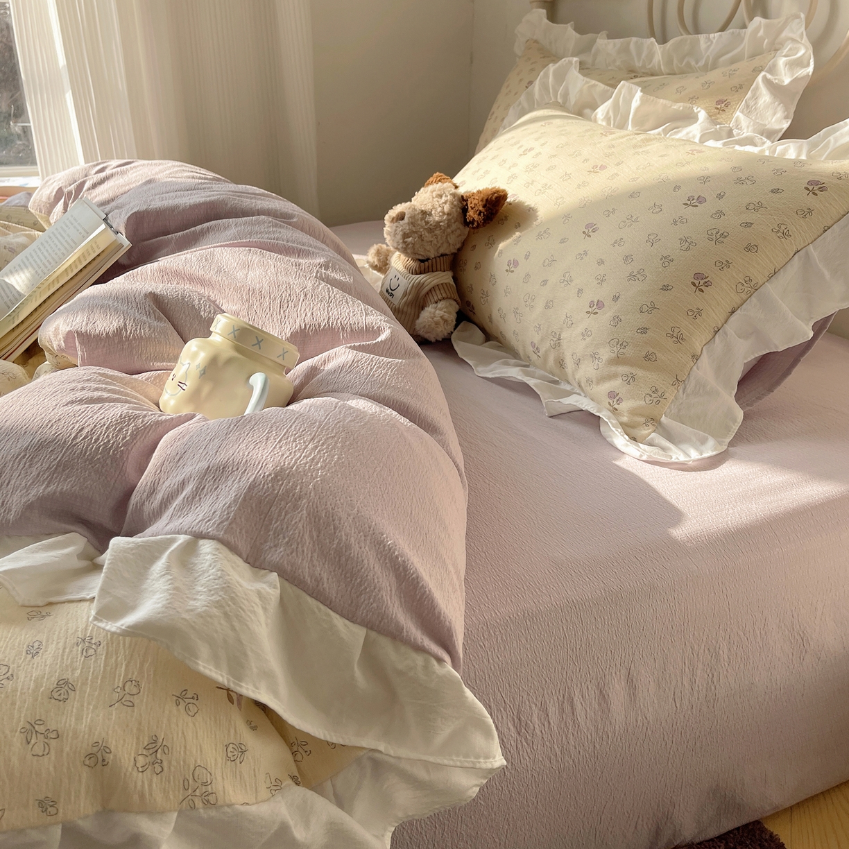 91家纺网 家纺一手货源 找家纺 美乐迪家纺 2026新款云感双层纱花边四件套 郁金香