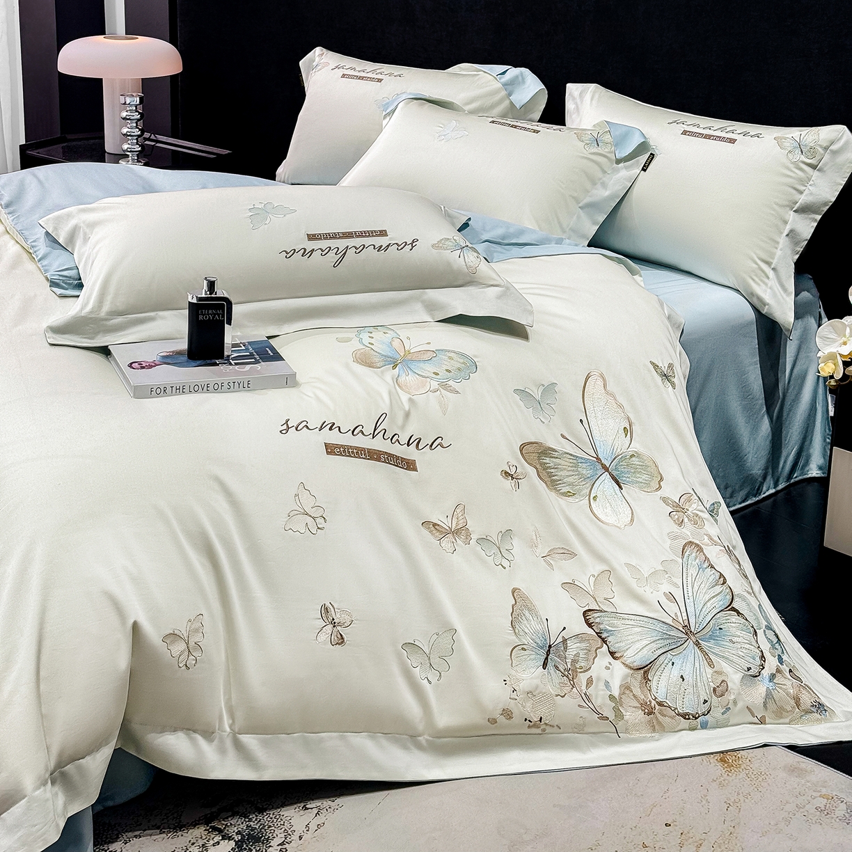 91家纺网 家纺一手货源 找家纺 （总）莱势 2026新款50s贡缎100支长绒棉全棉纯棉刺绣绣花四件套高端礼盒蝶梦系列