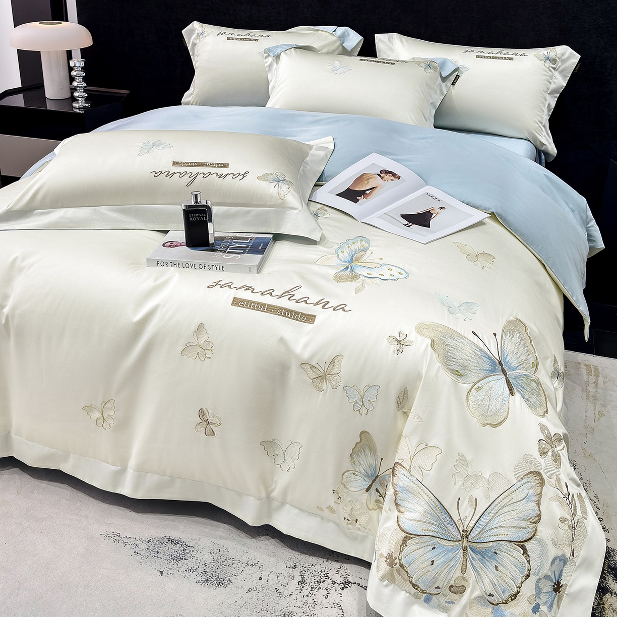 91家纺网 家纺一手货源 找家纺 （总）莱势 2026新款50s贡缎100支长绒棉全棉纯棉刺绣绣花四件套高端礼盒蝶梦系列