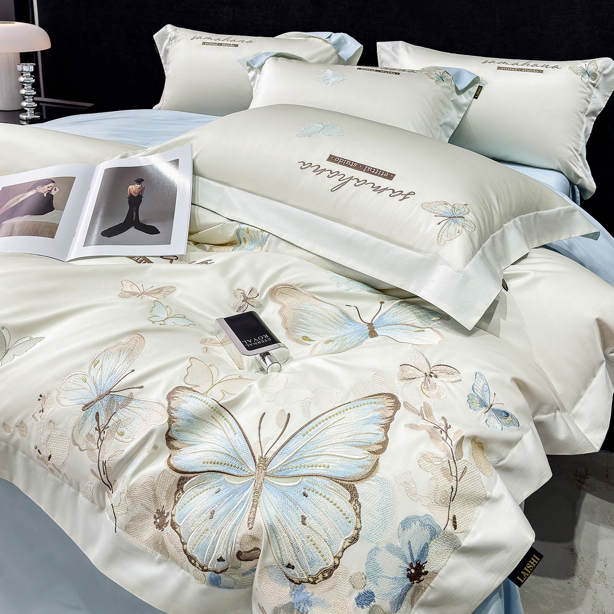 91家纺网 家纺一手货源 找家纺 （总）莱势 2026新款50s贡缎100支长绒棉全棉纯棉刺绣绣花四件套高端礼盒蝶梦系列