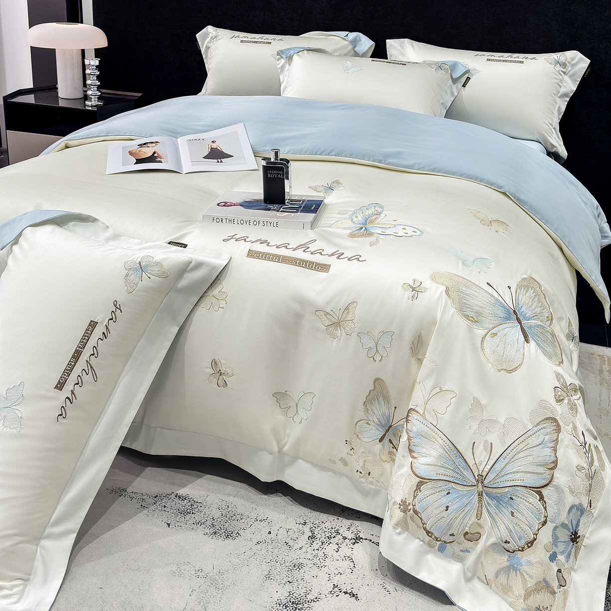 91家纺网 家纺一手货源 找家纺 （总）莱势 2026新款50s贡缎100支长绒棉全棉纯棉刺绣绣花四件套高端礼盒蝶梦系列