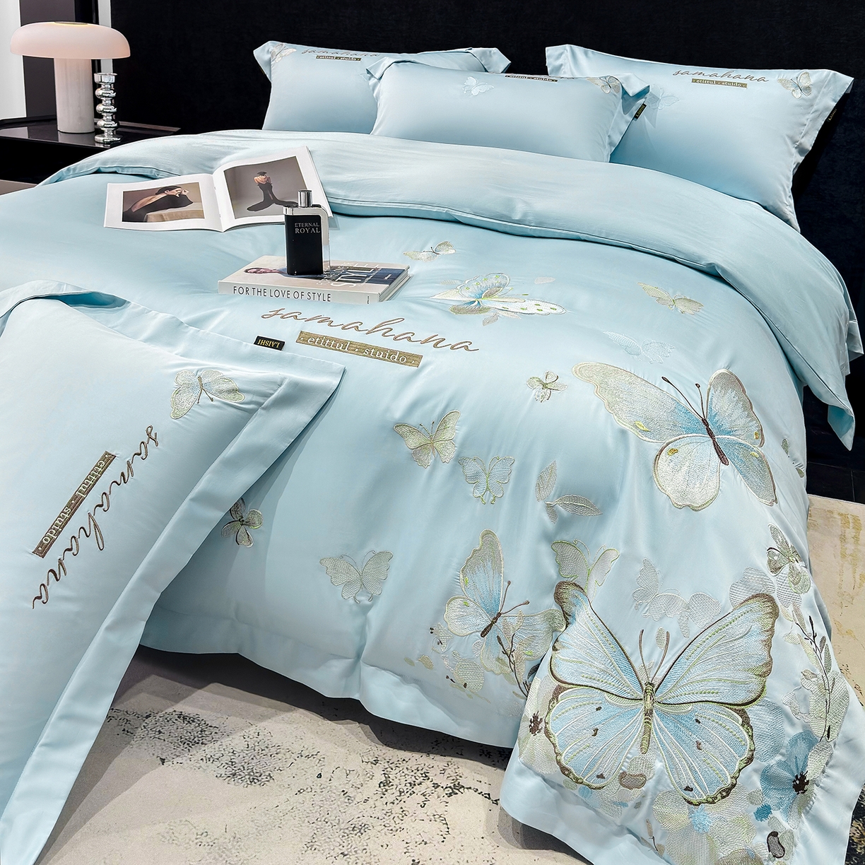 91家纺网 家纺一手货源 找家纺 （总）莱势 2026新款50s贡缎100支长绒棉全棉纯棉刺绣绣花四件套高端礼盒蝶梦系列