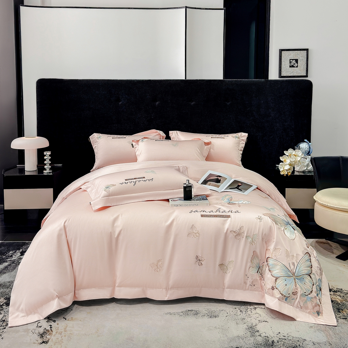 91家纺网 家纺一手货源 找家纺 莱势 2026新款50s贡缎100支长绒棉全棉纯棉刺绣绣花四件套高端礼盒蝶梦系列 轻奢粉