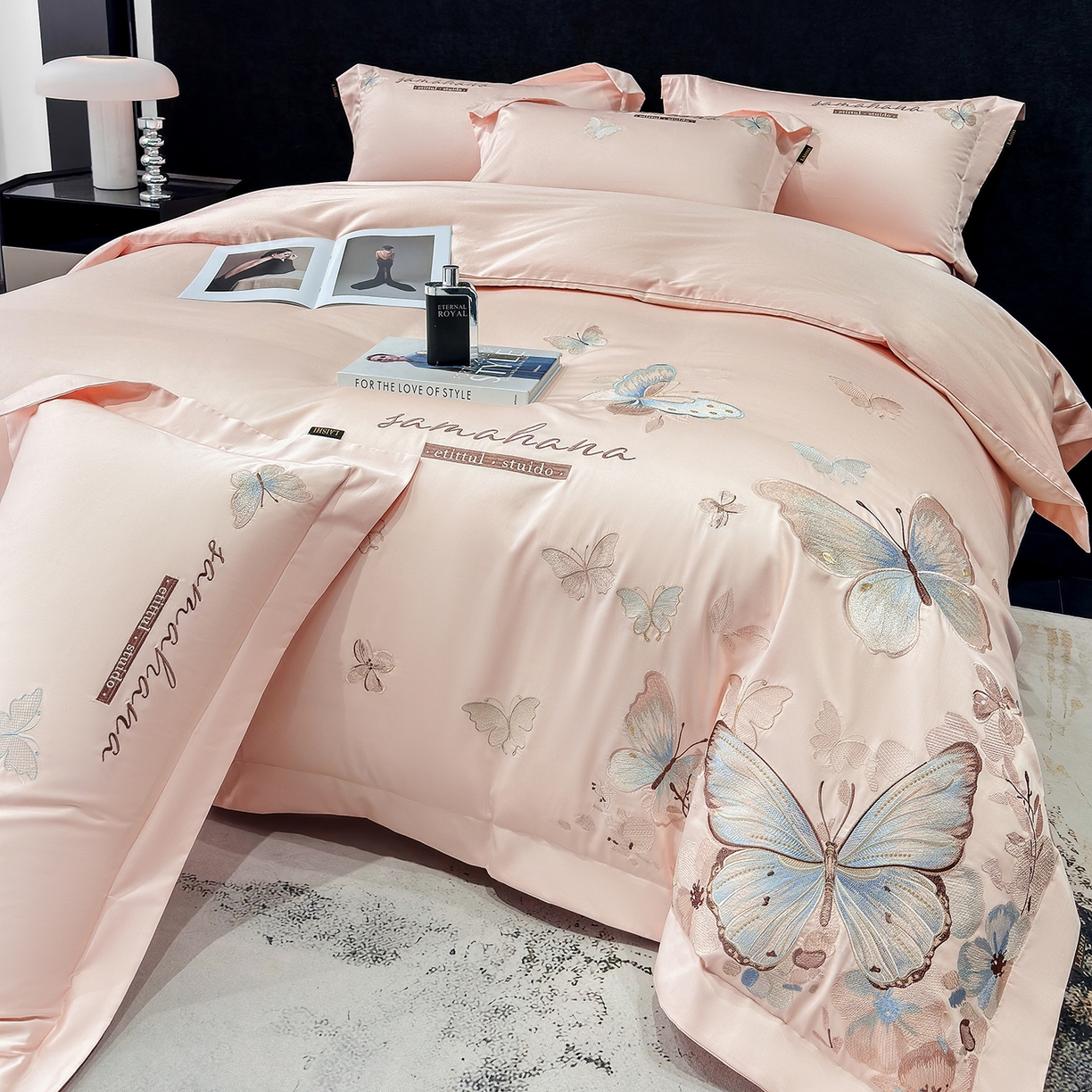 莱势 2026新款50s贡缎100支长绒棉全棉纯棉刺绣绣花四件套高端礼盒蝶梦系列 轻奢粉