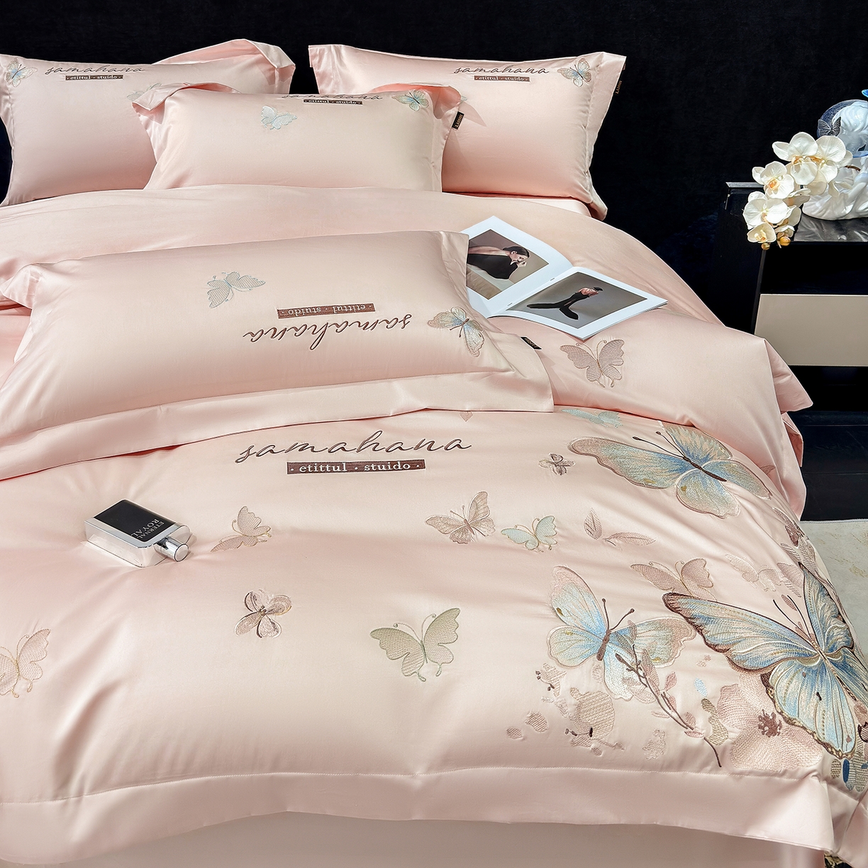 91家纺网 家纺一手货源 找家纺 莱势 2026新款50s贡缎100支长绒棉全棉纯棉刺绣绣花四件套高端礼盒蝶梦系列 轻奢粉