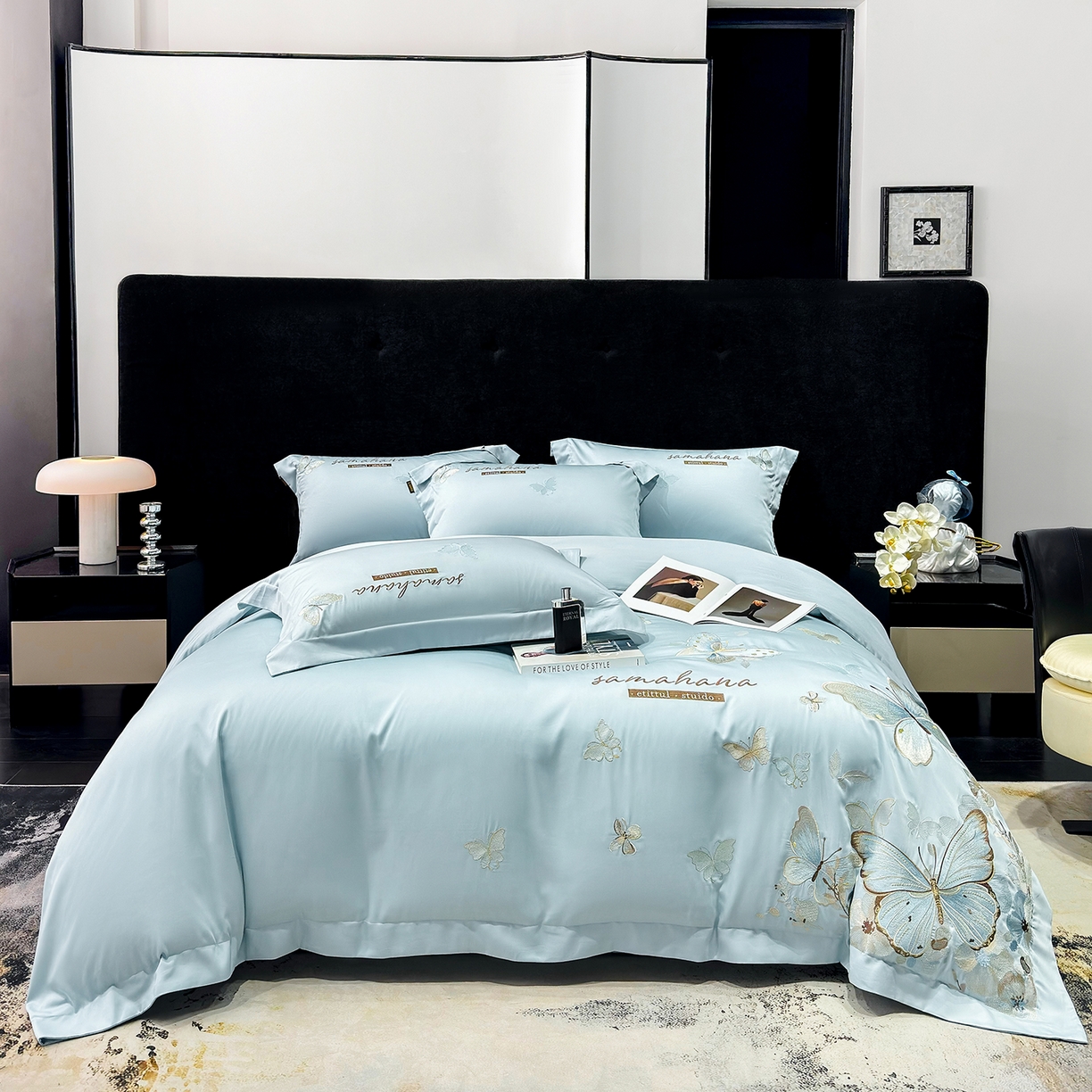 91家纺网 家纺一手货源 找家纺 莱势 2026新款50s贡缎100支长绒棉全棉纯棉刺绣绣花四件套高端礼盒蝶梦系列 天空蓝