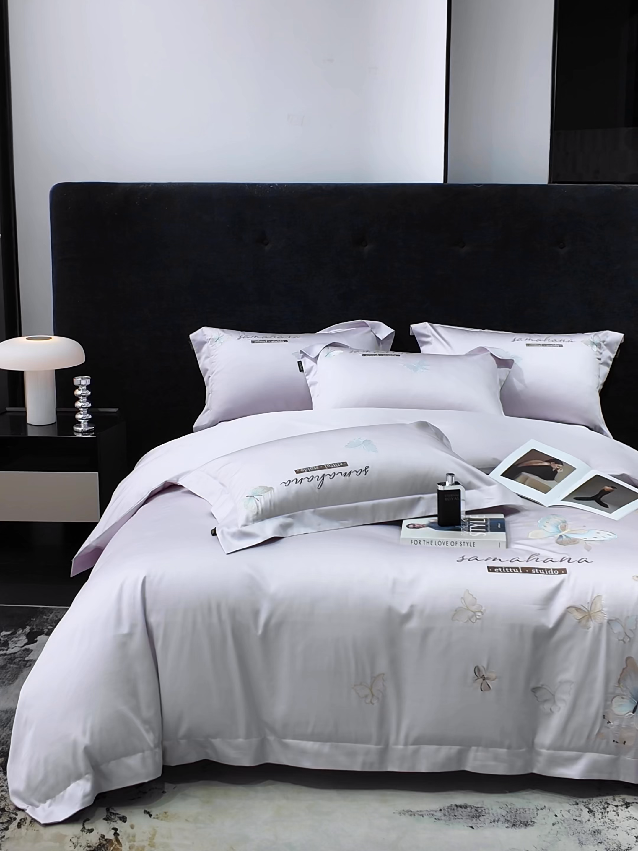 91家纺网 家纺一手货源 找家纺 莱势 2026新款50s贡缎100支长绒棉全棉纯棉刺绣绣花四件套高端礼盒蝶梦系列 梦幻紫