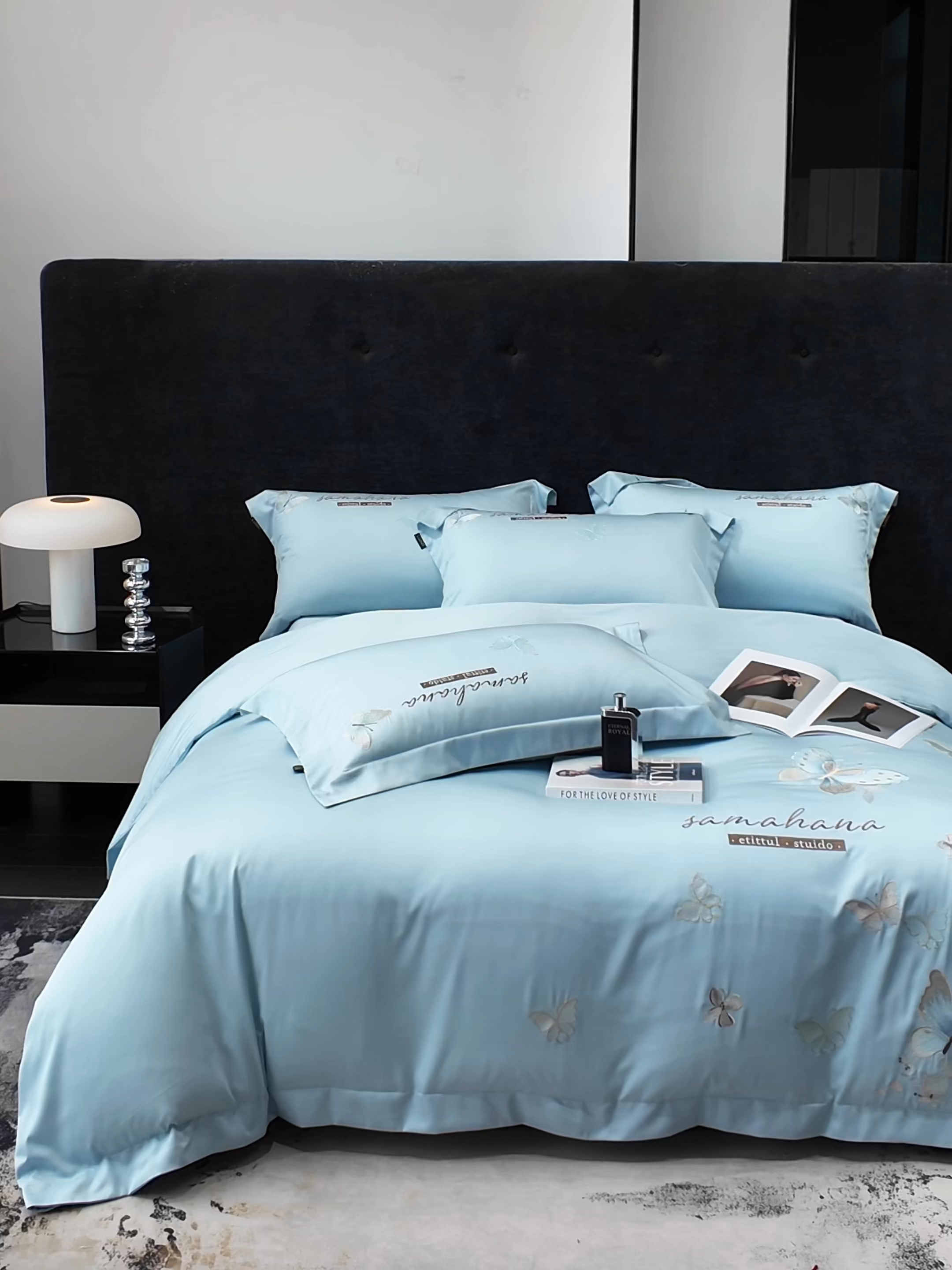 91家纺网 家纺一手货源 找家纺 莱势 2026新款50s贡缎100支长绒棉全棉纯棉刺绣绣花四件套高端礼盒蝶梦系列 天空蓝