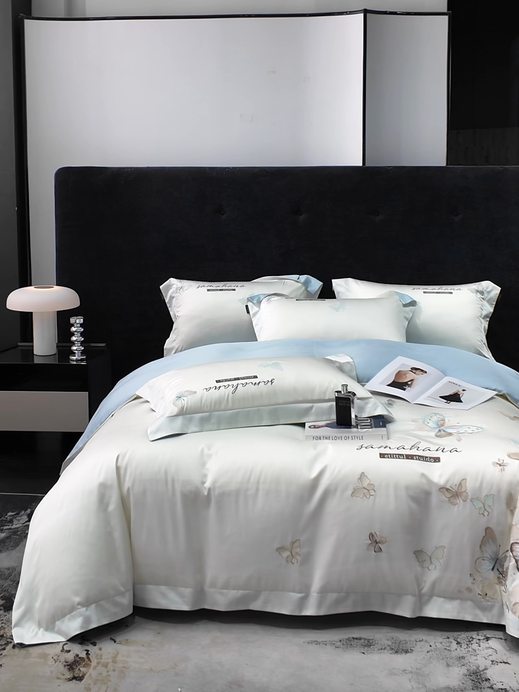 91家纺网 家纺一手货源 找家纺 莱势 2026新款50s贡缎100支长绒棉全棉纯棉刺绣绣花四件套高端礼盒蝶梦系列 白拼兰