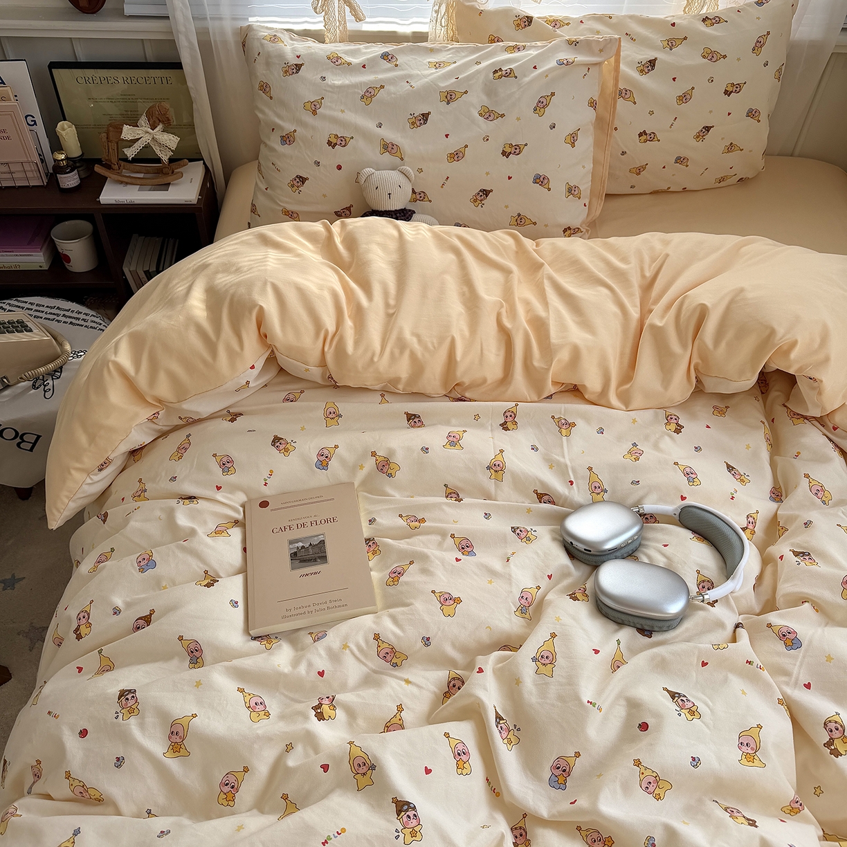 91家纺网 家纺一手货源 找家纺 原素 2026新款小清新水洗双层纱四件套 萌萌星宝